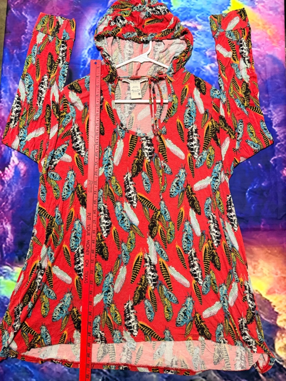 American Rag Red Feather-Print Hooded Tunic